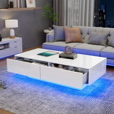 White High Gloss LED Coffee Table - 16 Colors LED Lights, Coffee Table With 2 Drawers