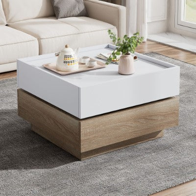Square 360 Rotating Coffee Table - Wooden 2-Tier Center Table With Swivel Tabletop And Storage