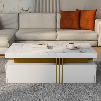 Modern White Rectangular Coffee Table - Marble Pattern Triamine Board Top And 2 Wooden Drawers, 100x50x40cm