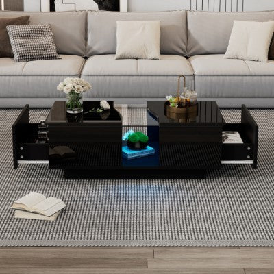LED Coffee Table With 2 Drawer Storage, High Gloss. 16-Color LED Lights.