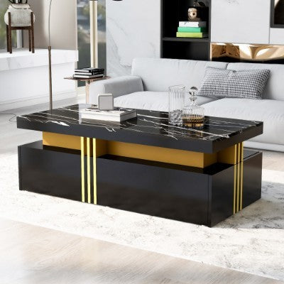 Modern White Rectangular Coffee Table - Marble Pattern Triamine Board Top And 2 Wooden Drawers, 100x50x40cm