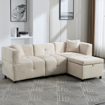 Sectional Sofa Couch With Removable Storage Ottoman, Fabric Sofa For Living Room Apartment, Beige