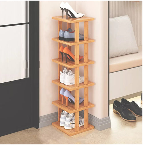 6-Tier Bamboo Shoe Rack - Vertical Space Saving Shoe Organiser Corner Shelf