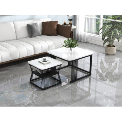 Set Of 2 Tables Square Coffee Table Set - Nesting Tables With Black Metal Frame Legs And Marble Pattern White Top