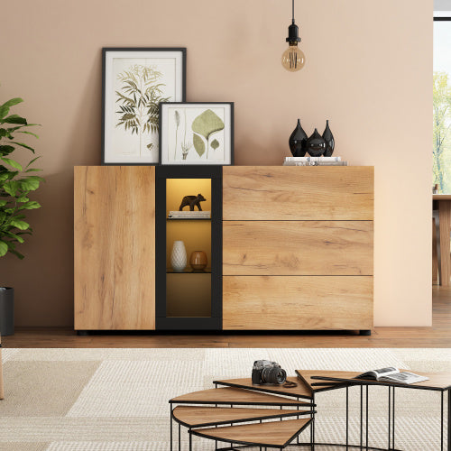 Sideboard With 3 Drawers, Accent Console Table Storage Cabinet With Glass For Living Room, 140x40x80CM