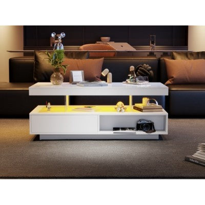 High Gloss LED Coffee Table With 2 Drawer Storage, 16-Color LED Lights - White