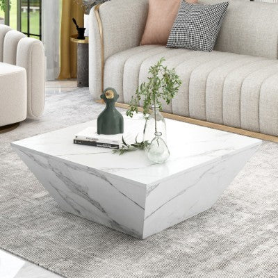 Marbling Veneer PVC Coffee Table - 2 Cabinets White Square Nesting Table With Storage