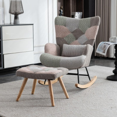 Rocking Chair - Fabric Wingback Accent Chair With Solid Wood Legs With Footstool - Multicolour