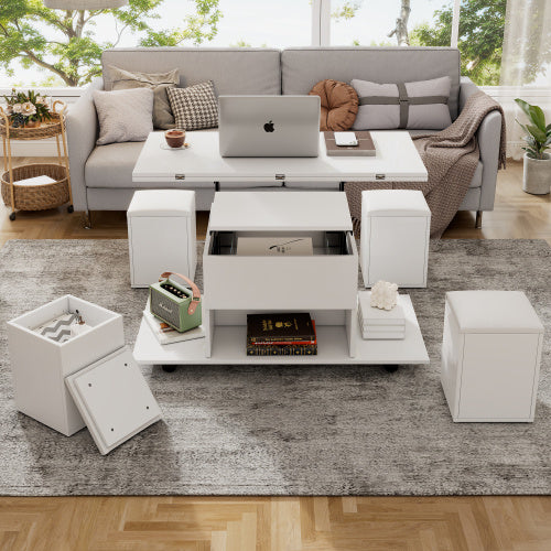 Lift Up Coffee Table With Storage & Dining Table -  White