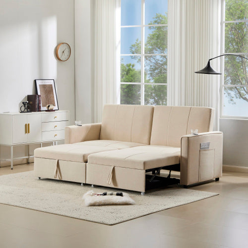 King Size Pull Out Sofa Bed - Convertible Fabric Sofa Chair With Cup Holders & Side Pockets