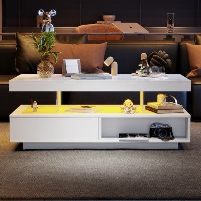 High Gloss LED Coffee Table With 2 Drawer Storage, 16-Color LED Lights - White