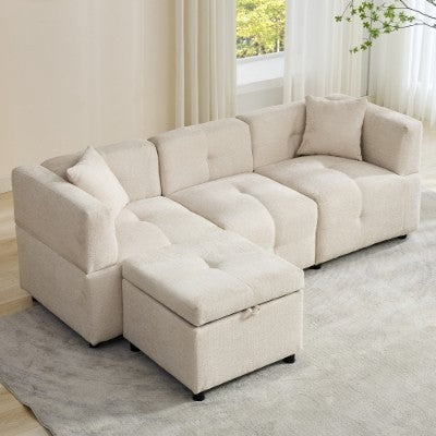 Sectional Sofa Couch With Removable Storage Ottoman, Fabric Sofa For Living Room Apartment, Beige