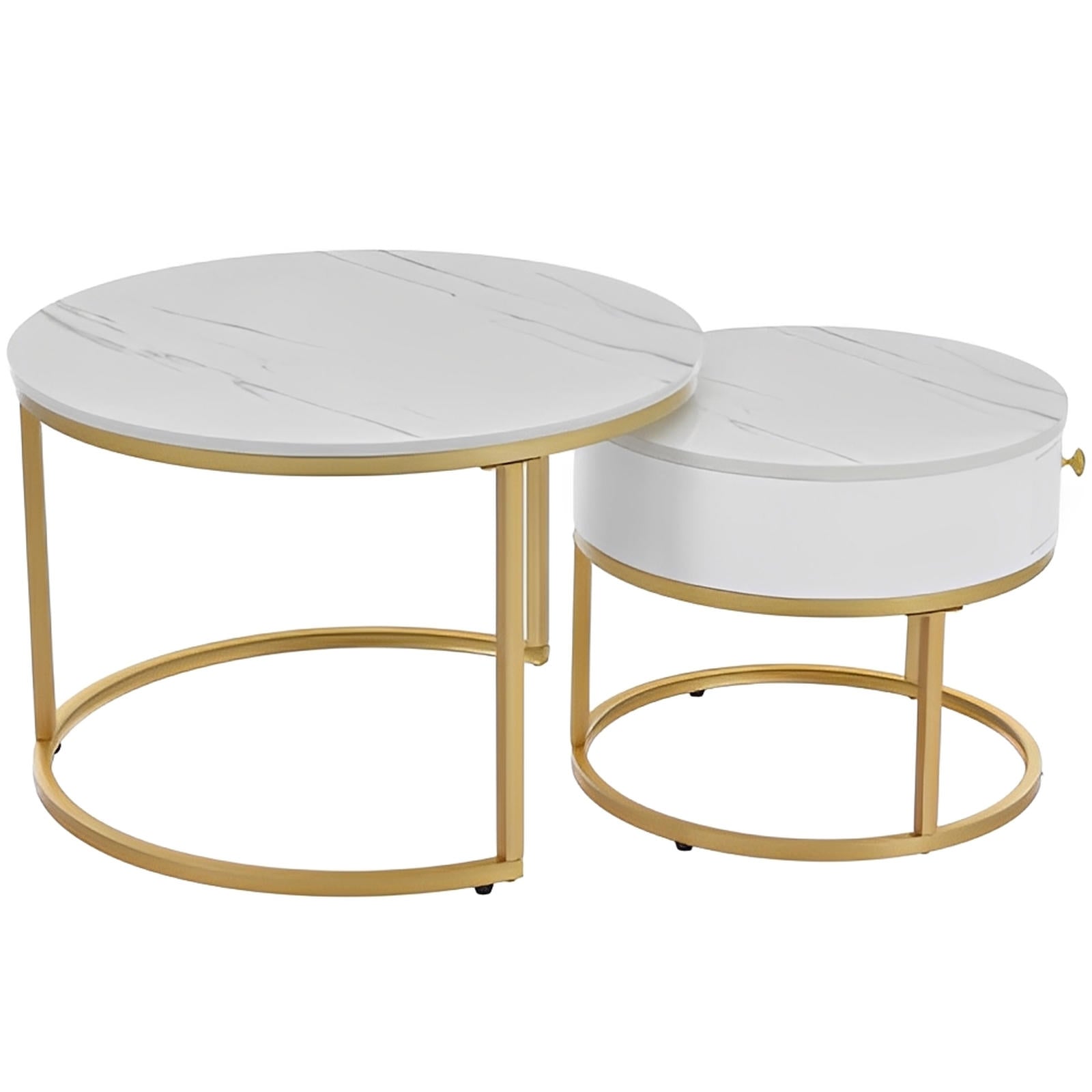 Round Coffee Nesting Tables With Storage Gold Metal Frame Legs And Marble Pattern
