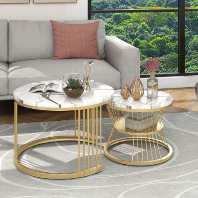 Round Nesting Coffee Tables - Gold Metal Frame Legs And Marble Pattern Top