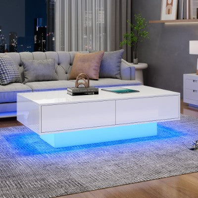 White High Gloss LED Coffee Table - 16 Colors LED Lights, Coffee Table With 2 Drawers