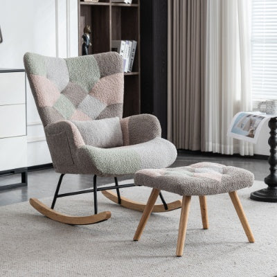 Rocking Chair - Fabric Wingback Accent Chair With Solid Wood Legs With Footstool - Multicolour