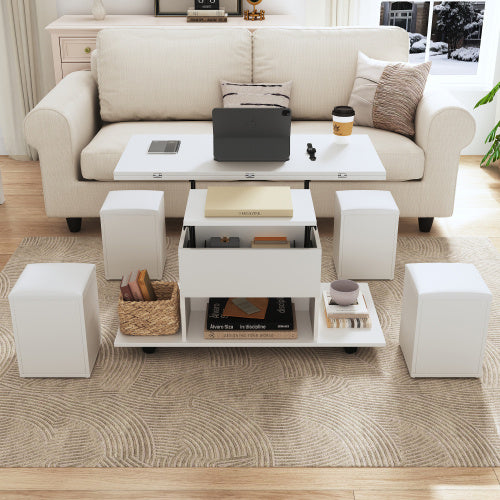 Lift Up Coffee Table With Storage & Dining Table -  White