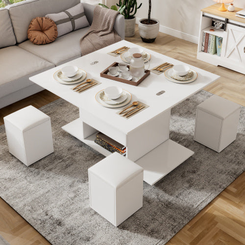 Lift Up Coffee Table With Storage & Dining Table -  White