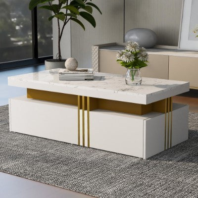 Modern White Rectangular Coffee Table - Marble Pattern Triamine Board Top And 2 Wooden Drawers, 100x50x40cm