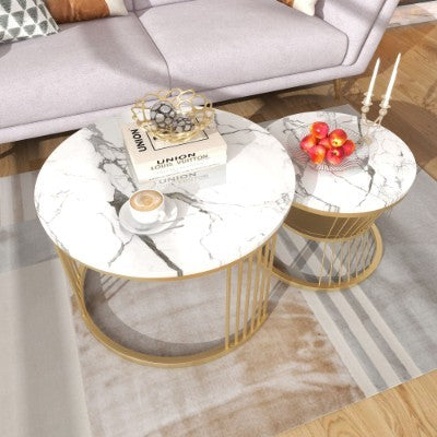 Round Nesting Coffee Tables - Gold Metal Frame Legs And Marble Pattern Top