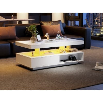 High Gloss LED Coffee Table With 2 Drawer Storage, 16-Color LED Lights - White