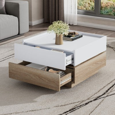 Square 360 Rotating Coffee Table - Wooden 2-Tier Center Table With Swivel Tabletop And Storage
