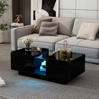 LED Coffee Table With 2 Drawer Storage, High Gloss. 16-Color LED Lights.