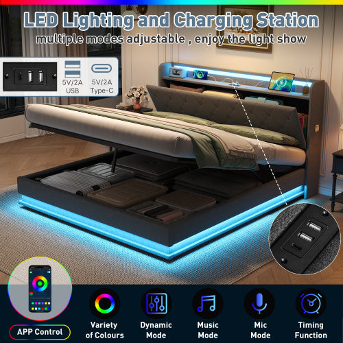 5ft King-Size Upholstered Bed Frame with Hydraulic Storage and LED Headboard