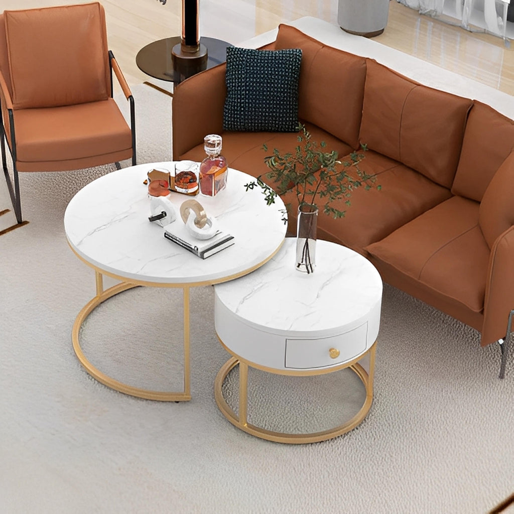 Round Coffee Nesting Tables With Storage Gold Metal Frame Legs And Marble Pattern