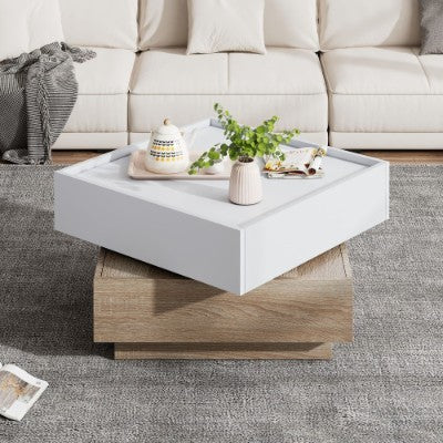 Square 360 Rotating Coffee Table - Wooden 2-Tier Center Table With Swivel Tabletop And Storage