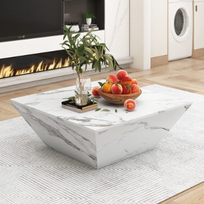 Marbling Veneer PVC Coffee Table - 2 Cabinets White Square Nesting Table With Storage