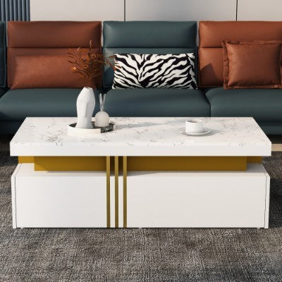 Modern White Rectangular Coffee Table - Marble Pattern Triamine Board Top And 2 Wooden Drawers, 100x50x40cm