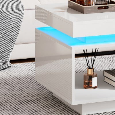 High Glossy LED Coffee Table With Drawer Storage, Wooden Centre Table With RGB LED Lights.