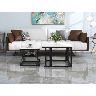 Set Of 2 Tables Square Coffee Table Set - Nesting Tables With Black Metal Frame Legs And Marble Pattern White Top