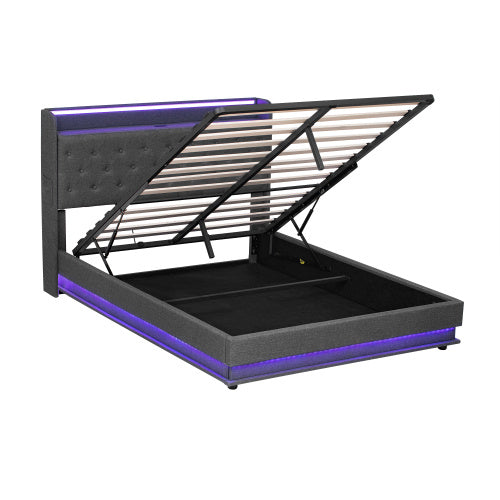 5ft King-Size Upholstered Bed Frame with Hydraulic Storage and LED Headboard