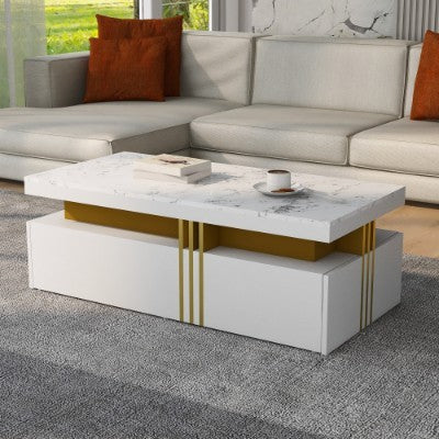 Modern White Rectangular Coffee Table - Marble Pattern Triamine Board Top And 2 Wooden Drawers, 100x50x40cm