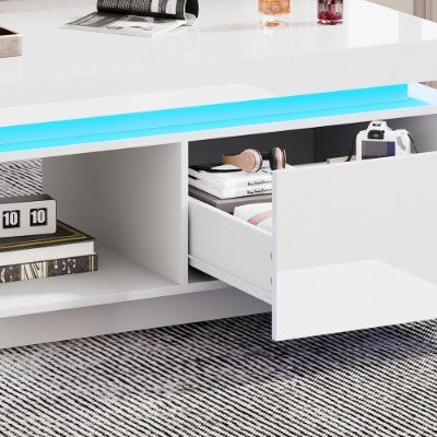 High Glossy LED Coffee Table With Drawer Storage, Wooden Centre Table With RGB LED Lights.