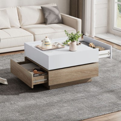 Square 360 Rotating Coffee Table - Wooden 2-Tier Center Table With Swivel Tabletop And Storage