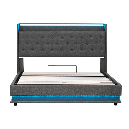 5ft King-Size Upholstered Bed Frame with Hydraulic Storage and LED Headboard