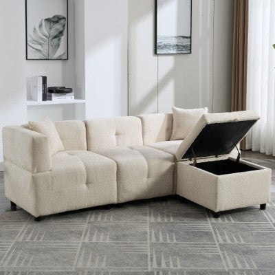 Sectional Sofa Couch With Removable Storage Ottoman, Fabric Sofa For Living Room Apartment, Beige