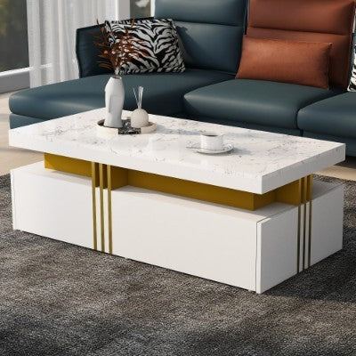 Modern White Rectangular Coffee Table - Marble Pattern Triamine Board Top And 2 Wooden Drawers, 100x50x40cm