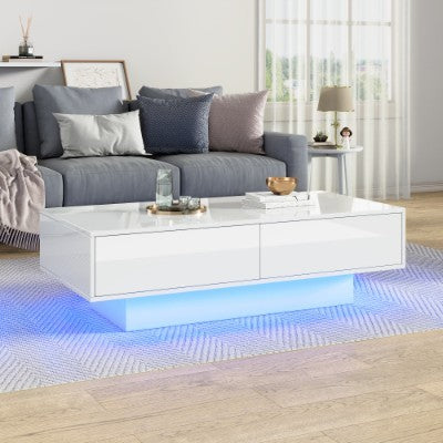 White High Gloss LED Coffee Table - 16 Colors LED Lights, Coffee Table With 2 Drawers