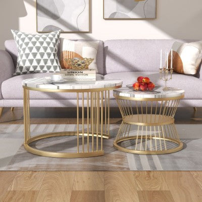 Round Nesting Coffee Tables - Gold Metal Frame Legs And Marble Pattern Top