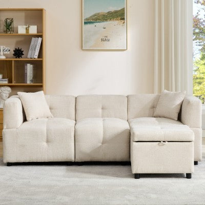 Sectional Sofa Couch With Removable Storage Ottoman, Fabric Sofa For Living Room Apartment, Beige