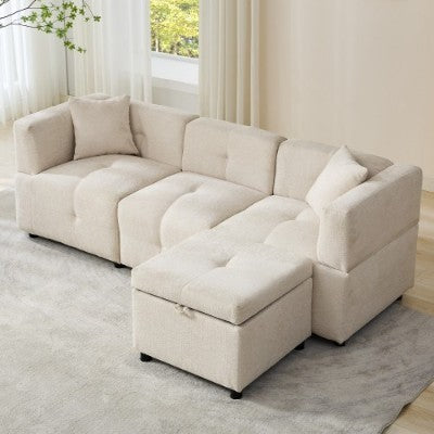 Sectional Sofa Couch With Removable Storage Ottoman, Fabric Sofa For Living Room Apartment, Beige