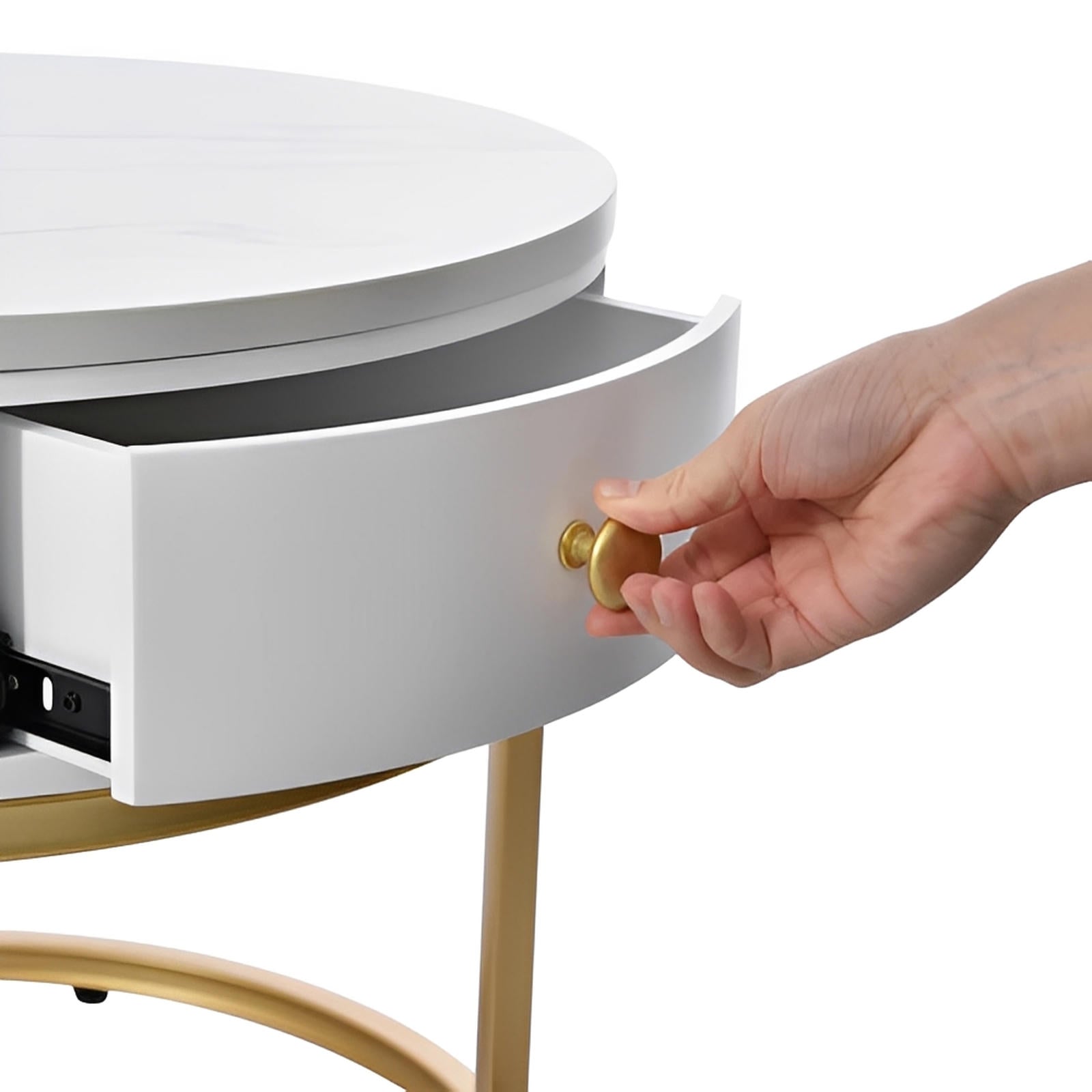 Round Coffee Nesting Tables With Storage Gold Metal Frame Legs And Marble Pattern