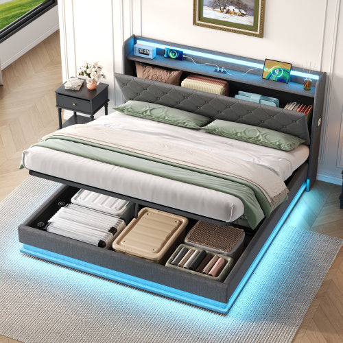 5ft King-Size Upholstered Bed Frame with Hydraulic Storage and LED Headboard