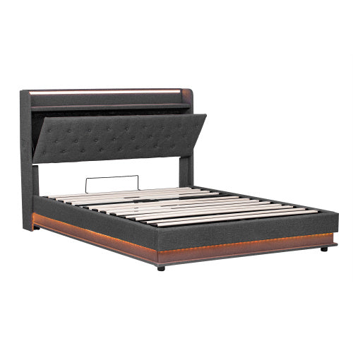 5ft King-Size Upholstered Bed Frame with Hydraulic Storage and LED Headboard