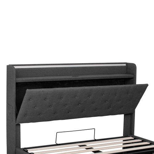 5ft King-Size Upholstered Bed Frame with Hydraulic Storage and LED Headboard