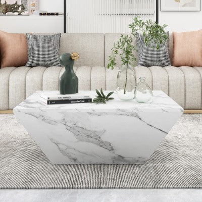 Marbling Veneer PVC Coffee Table - 2 Cabinets White Square Nesting Table With Storage